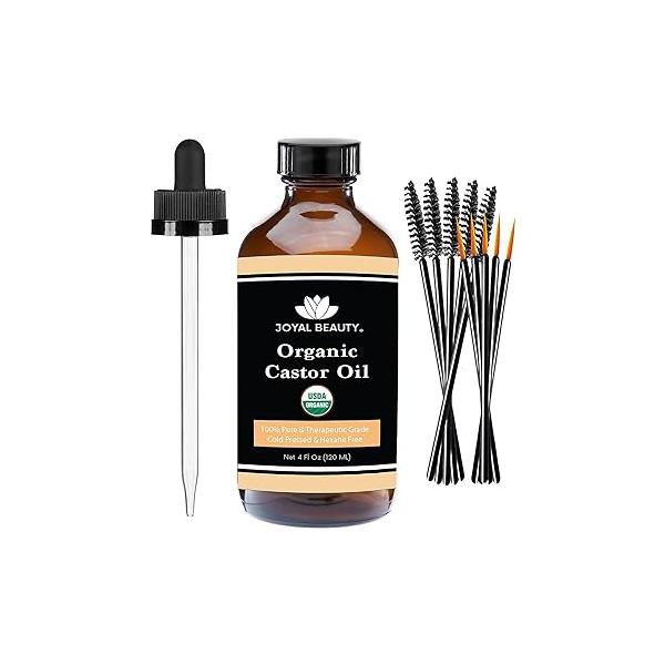 JOYAL BEAUTY Castor Oil USDA Certified Organic(4oz). 100% Pure Cold Pressed Unrefined Hexane Free Glass Bottle. Hair Eyelashes Eyebrows Lash Serum. For Face, Skin, Body, Belly Button. Mascara