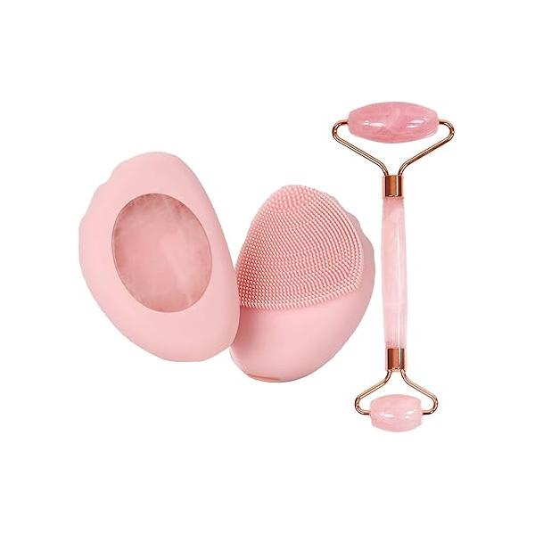 Sonic Facial Cleansing Brush- Deep Cleaning and Heated Rose Quartz, Silicone Face Brush - Vibrating Rose, Magnetic Charging IPX7 Waterproof, Roller- Relieve Fine Lines Wrinkles