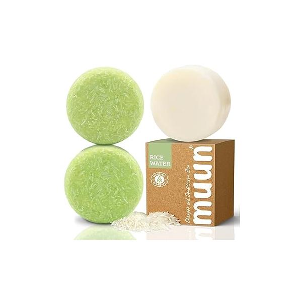 Muun Rice Water Shampoo and Conditioner Bar Pack 3 - Hair Growth, Thickening, Strengthening, Anti Loss, Volumize & pH Balanced Sulfate Silicone Free For All Type