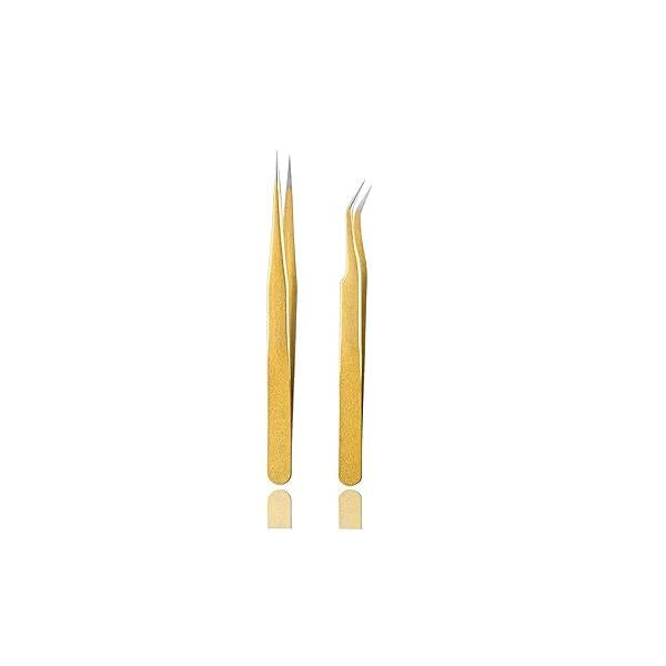 Tvoip 2 Pcs Gold Stainless Steel Tweezers for Eyelash Extensions, Straight and Curved Tip Nippers, False Lash Application Tools