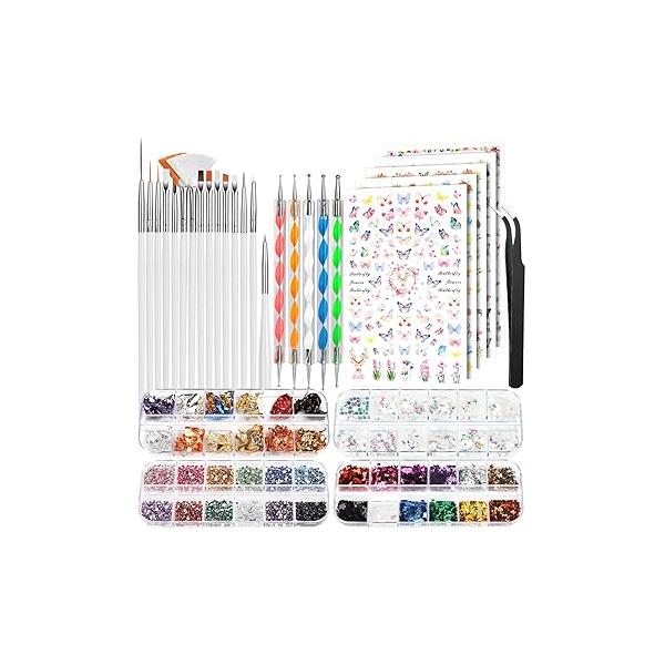 FANDAMEI Nail Art Brushes Set, Kit, Design Dotting Pens, Stickers, Butterfly Sequins, Foils, Flakes Iridescent, Rhinestones For Nails
