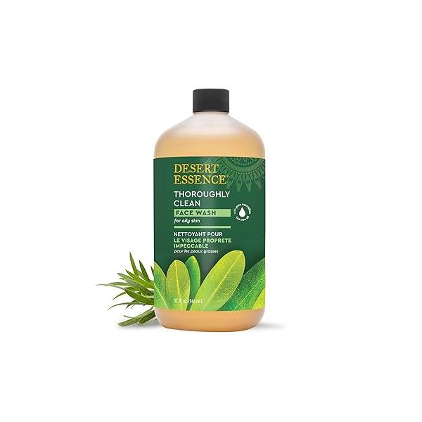 Desert Essence Thoroughly Clean Face Wash with Tea Tree Oil, Castile Soap and Coconut Oil - Organic Facial Cleanser for Sensitive Oily Skin, Vegan & Cruelty-Free, 32 fl oz