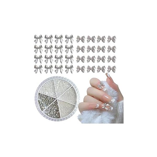 KWOLYKIM Bow Nail Charm, 3D Golden Metal Alloy Bow-Knot Art Accessories White Pearls Rhinestones Gold Caviar Beads Gem Jewelry Cute Ribbon Decoration Manicure DIY Craft