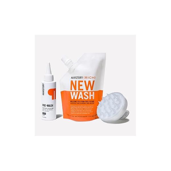 Hairstory New Wash Method for Dry Hair, Rich & Pre-Wash with Scalp Brush, Purifying Rinse Ultra-Moisturizing Cleansing Cream Duo, Deep Cleans Conditions