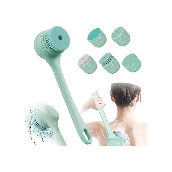 Electric Body Brush Back Scrubber for Shower, Ipx7 Waterproof Auto Spinning Exfoliating Massage Bath RechargeableRotating Brushes with 5 Heads