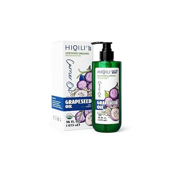 HIQILI 16 Fl Oz Organic Grapeseed Oil for Hair, Skin, Carrier Essential Oils Mixing, 100% Pure & Natural-473ML