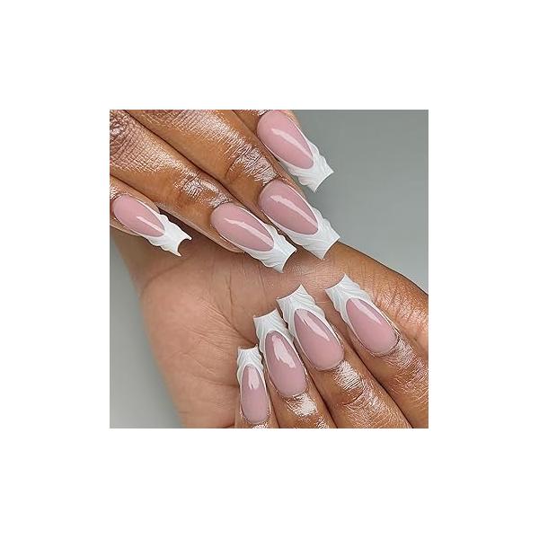 Long Coffin Press on Nails French Tip Green RIICFDD Fake 3D Water Ripple Designs Rhinestone Nail Charms Acrylic Full Cover Glue for Women and Girls Decoration 24 Pcs