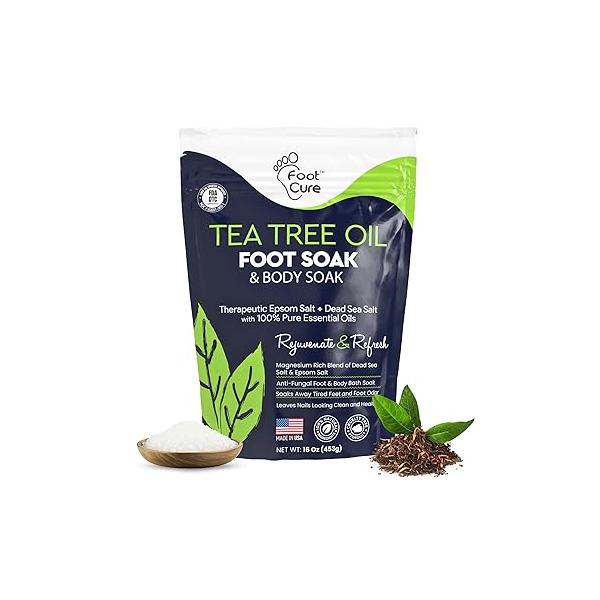 Tea Tree Oil Foot Soak with Epsom Salt - For Toenail Repair, Athletes Foot, Softens Calluses, Soothes Sore & Tired Feet, Nail Discoloration, odor Scent, Spa Pedicure Care Made in USA 16 oz