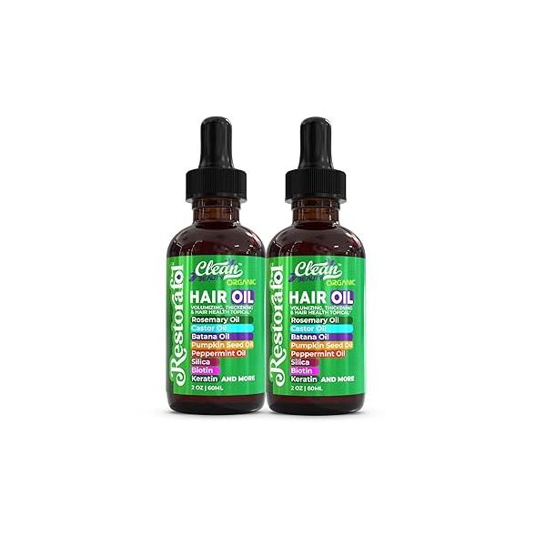 Rosemary Hair Oil For Growth with Castor Batana Pumpkin Seed Peppermint Silica Biotin Collagen Keratin Saw Palmetto Horsetail Tea Tree Vit E Aloe Vera Jojoba (2 Pack)