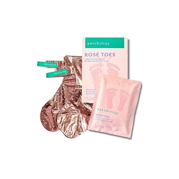 Patchology Rosé Toes Moisturizing Foot Mask - Shea Butter & Strawberry Scented Booties for Dry, Cracked Feet, Disposable Spa Socks with Resveratrol Soothing Care, Self-Care Essentials