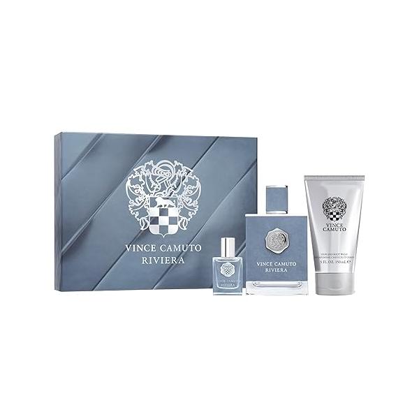 Vince Camuto Riviera 3 PC Men's Gift Set, Notes of Italian Lemon, Lavender Oil, and Patchouli, Christmas for Him, Eau de Toilette 3.4 Fl Oz + Travel Size 0.5 5 Hair & Body Wash