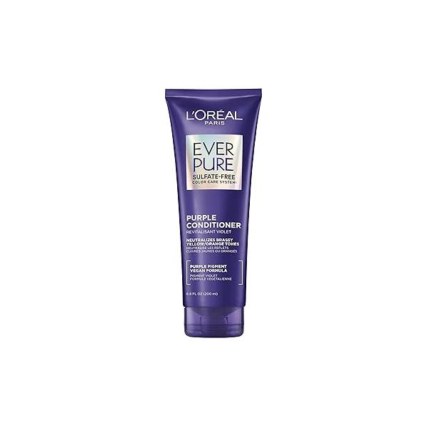 L’Oreal Paris Sulfate Free Brass Toning Purple Conditioner for Blonde, Bleached, Silver, or Brown Highlighted Hair, EverPure, 6.8 Fl Oz (Packaging May Vary)