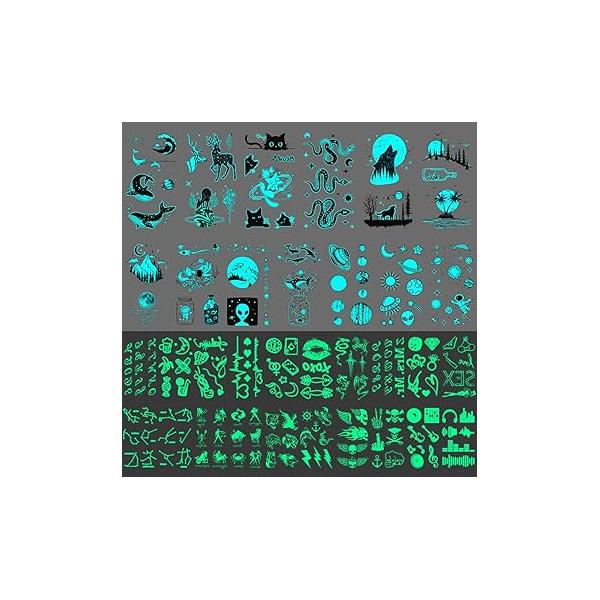 Glaryyears Glow in the Dark Tattoos, 180+ Variety Pack Fake 33-Pack Body Temporary Tattoo Stickers, Blue Green Light for Adults Men Women Kids, Party Favors Supplies Planets Ocean Galaxy
