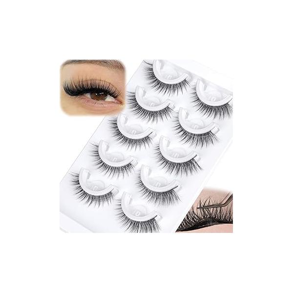 Self Adhesive Eyelashes Natural Look Press On Lashes No Glue Needed Wispy Reusable without Eyeliner Clear Band Pre Glued Cat Eye Faux Mink 5 Pairs