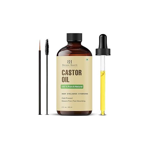 Botanic Hearth Castor Oil - 100% Pure & Natural, Cold Pressed 2 fl oz (60 ml) For Hair, Eyelashes Eyebrows Hexane Free, Fast Absorbing With Applicators Dropper