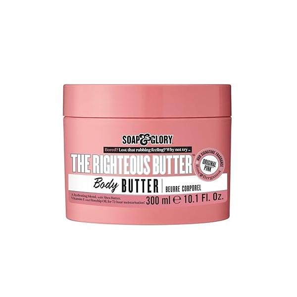 Soap & Glory The Righteous Moisturizing Body Butter - Hydrating Vegan Moisturizer for Dry Skin with Shea Butter, Vitamin E Rosehip Seed Oil Rich Cream Women Men (300ml)