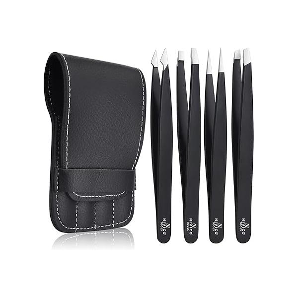 NIVICO Tweezers Set with Leather Pouch - Professional Stainless Steel for Eyebrows Precision Facial Ingrown Hair Removal (Black)