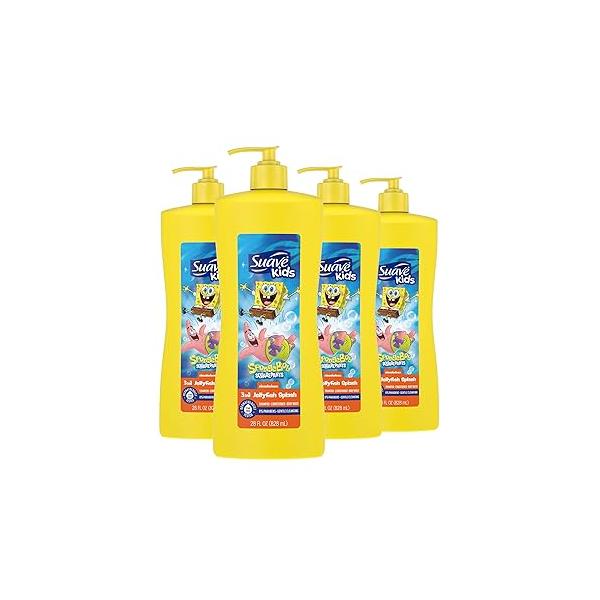 Suave Kids 3-in-1 Spongebob, Tear Free, Body Wash, Shampoo and Conditioners, Dermatologist Tested, 28 Oz Pack of 4