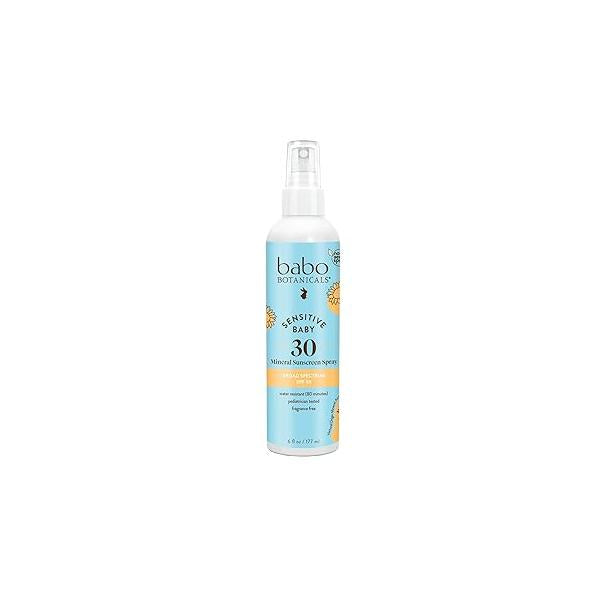 Babo Botanicals Sensitive Baby Mineral Sunscreen Spray SPF30 - Natural Zinc Oxide Non-Aerosol - Face & Body Fragrance-Free Water Resistant For Babies Kids Various Versions