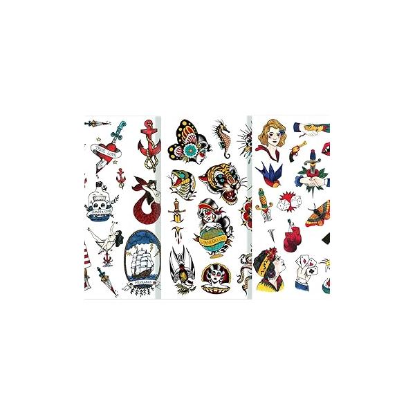 Temporary Tattoo Set of 3 Sheets By Tatsy - Sailor, Vintage, Oldschool Party Fun Tattoos, Fake Body Art for Men and Women, Total 47 Unique Tattoos