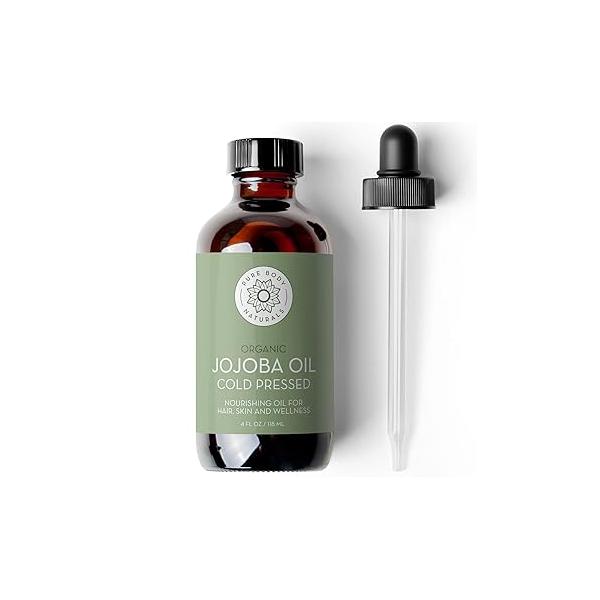 Pure Body Naturals Organic Jojoba Oil, 4 Fl Oz - 100% Pure, Organic, Cold Pressed Oil for Skin, Face, Nails and Hair Growth Carrier Mixing Essential Oils