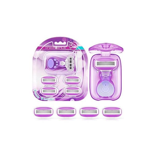 DreamGenius Travel Razors for Women Include 1 Handle and 5 Cartridges, Extra Smooth 5-Blade Essentials Razor with Case Shaving, Orange
