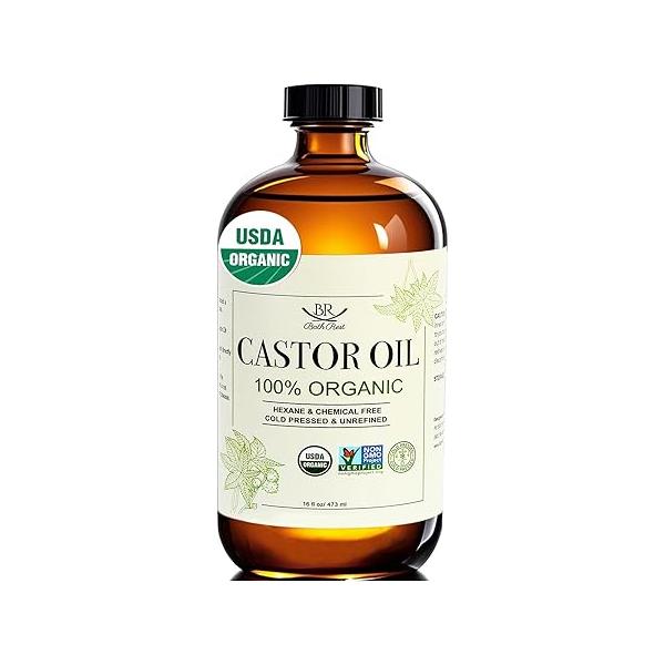 Castor Oil Organic Cold Pressed Unrefined Glass Bottle 100% Pure for Hair Growth Eyelashes Brows Packs, Natural Skin Moisturizer, USDA Certified Hexane Free Vegan 16 oz (473ml)