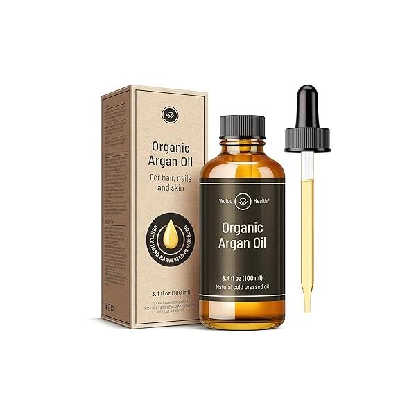 Organic Argan Oil Cold Pressed 3.4 Fl Oz - Moroccan Beauty for Hair, Skin, Nails & Face, Vitamin E Rich, Non-Greasy, Natural Moisturizer