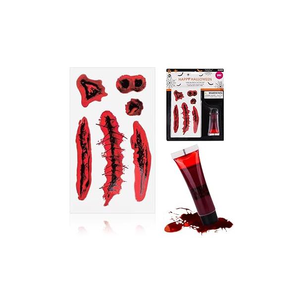 Vampire Fake Blood and Tattoo Set, Halloween Stickers Wound Stickers, Dark Red Realistic Washable Special Effects SFX Makeup, Costume, Zombie, Monster Makeup