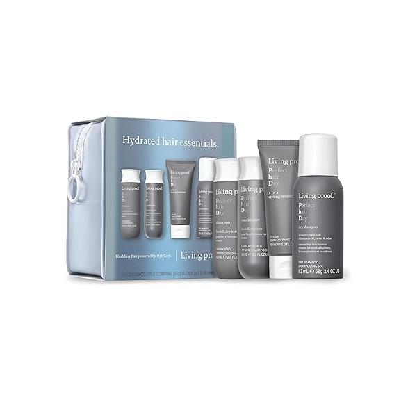 Living Proof Hydrated Hair Essentials Kit - Includes Travel Size Perfect hair Day Shampoo, Conditioner, 5-in-1 Styling and Dry Shampoo ($74 value)