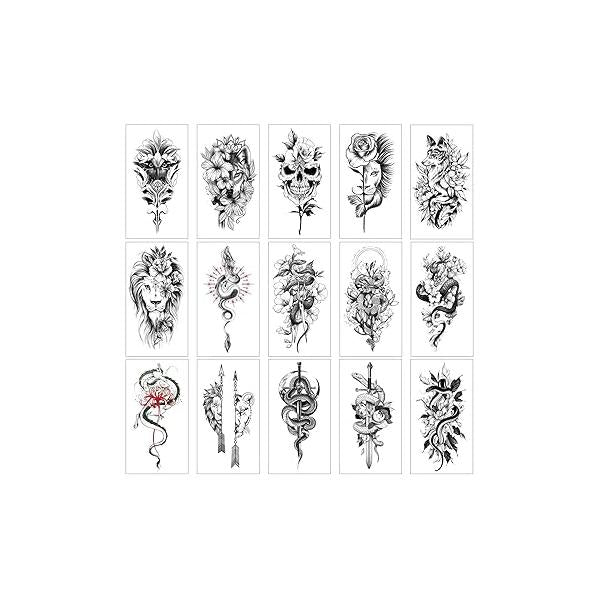 Glaryyears Floral Animal Temporary Tattoo for Men Women Adults, 15-Pack Large Black Fake Tattoos Stickers, Long-lasting Realistic Body, Design Variety Pack Skull Snake Lion Swords