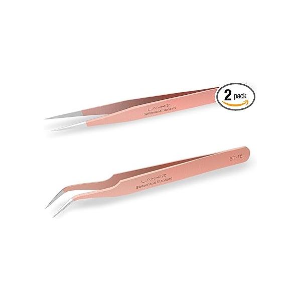 LANKIZ Eyelash Extension Tweezers Stainless Steel Straight and Curved Volume Lash Set for Professional-Rose Gold