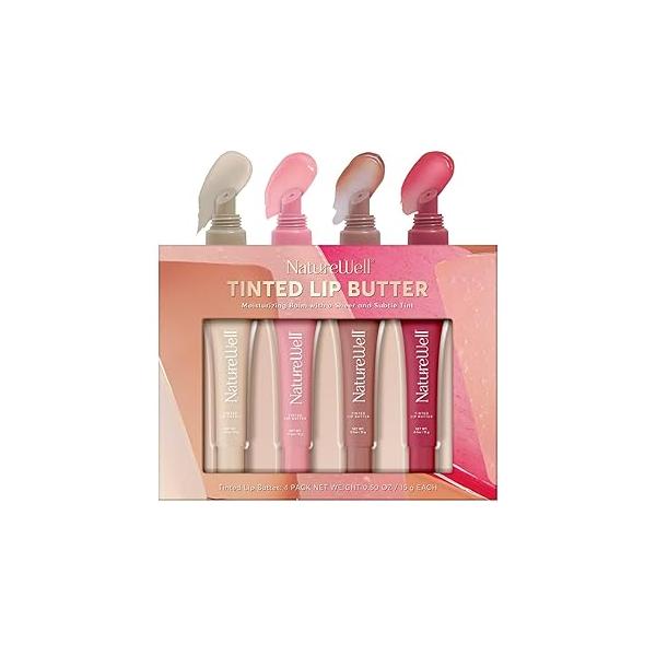 NATURE WELL Tinted Lip Butter Variety Pack, Shear & Subtle Moisturizing Balms, Vanilla Scented, Lightweight Non-Greasy, Vitamin E, Shea, Murumuru Butters, 0.50 Oz Each (Pack of 4)