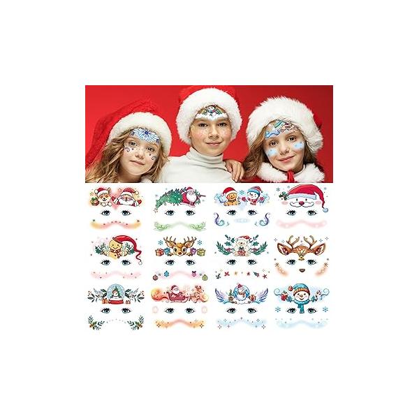 EMOME 15 Sheets Christmas Face Tattoos for Kids, Paint Boys and Girls Xmas Makeup Party Games, Stickers Favors Goodie Bag Fillers