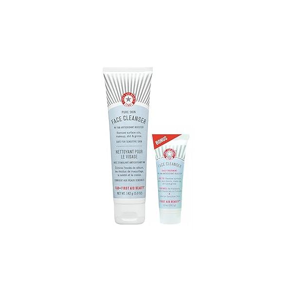 First Aid Beauty - Pure Skin Face Cleanser, Effectively Removes Makeup, Dirt, & Impurities, Gentle Cleanser Leaves Soft Supple, Safe for Sensitive Skin, Fragrance Free, 5 oz + Travel Size, 2ct