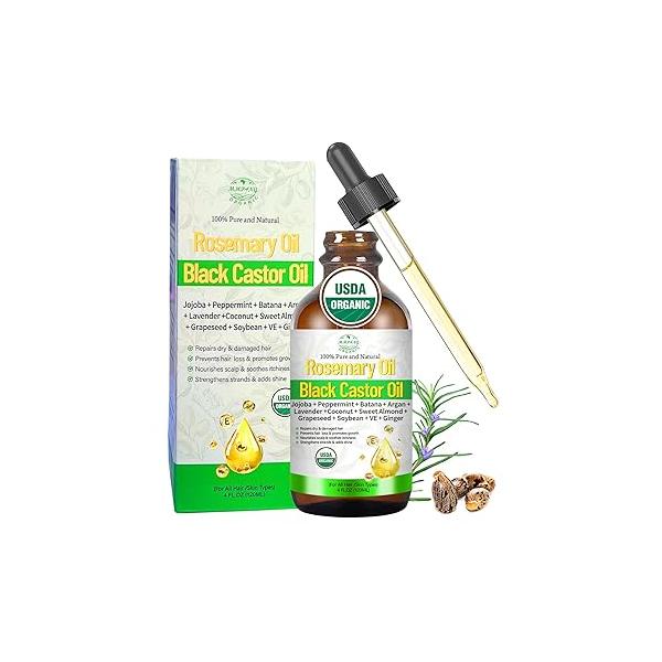 USDA Organic Rosemary Castor Oil for Hair Growth, Scalp Care - Soothes Itchy Scalp, Repairs Dry & Nourishes Roots 4 Fl Oz Cold-Pressed 100% Natural All Types