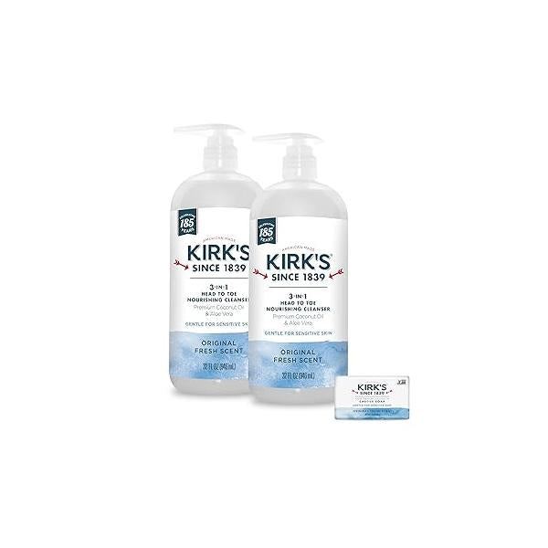 Kirk's 3-in-1 Head to Toe Nourishing Liquid Cleanser & Travel Size Bar Soap - for Men, Women Children Premium Coconut Oil and Aloe Vera- Non GMO Vegan -Original Fresh Scent 32 Fl Oz. 2 pack