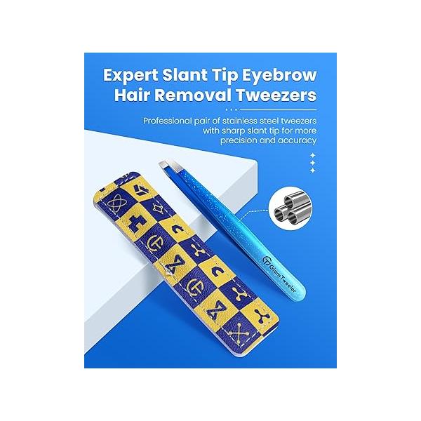Expert Eyebrow Hair Removal Tweezer with Leather Case, GlamTweeler High Precision Slant Tip Stainless Steel Tweezers for Men and Women (Hot Pink)