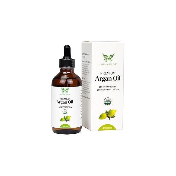 USDA Certified Organic Argan Oil (4 Oz) 100% Pure Natural, Chemical-Free, Vegan, Hexane-Free, Healthy Hair Growth, Scalp Care, Skin Hydration, Natural Beauty Enhancement