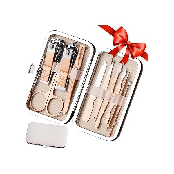 Manicure Set 10 in 1 Nail Clippers Kit Gifts for Men and Women, Fingernail Clipper Stainless Steel Care Tools with Leather Travel Case (Gold)