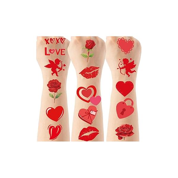 Festival Party Temporary Tattoos - 200+ Love Theme Birthday Favors Decorations, Red Lip Heart Rose Arrow Supplies, DIY Gifts for Lover(6 Sheets)