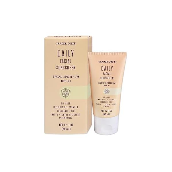 Trader Joe’s Daily Facial Sunscreen Broad Spectrum SPF 40 Oil Free Invisible Gel Formula Fragrance Water Sweat Resistant, 1.70 Fl Oz (Pack of 1)