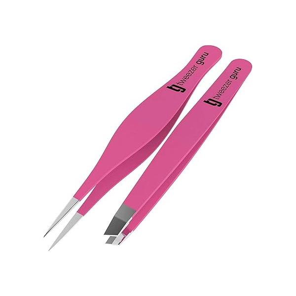Tweezer Guru Ingrown Hair Tweezers - Pointed Precision for Eyebrows & Removal Blackhead and Splinter with Sharp Needle Nose Point (2 Piece Set, Black (Point+Slant))
