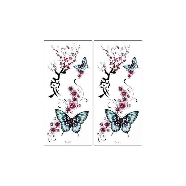 GS912 Tattoos. ''7.4X3.4'' Butterfly with Tree japanese cherry blossoms Cartoon Tattoos Waterproof Sexy Body Fake Stickers Make up Tattoo Art Fantasy 3D for Men Women (Pack 2 Sheets.)