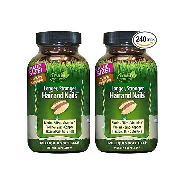 Irwin Naturals Longer, Stronger Hair and Nails - 120 Liquid Softgels, 2 Pack Promotes Vibrant Shine Texture & Strength Total Servings