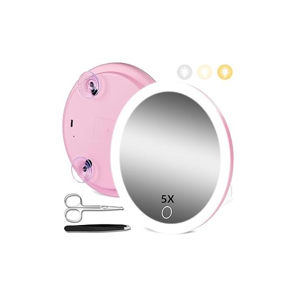 10X Magnifying Mirror with Lights, Magnified 3 Color Lights Adjustable Brightness, Rechargeable 6inch Travel Magnification Suction Cups - Includes Tweezers & Scissors
