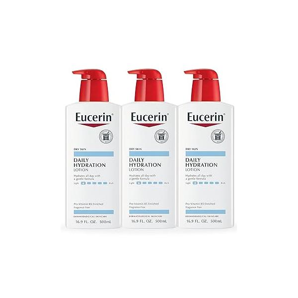 Eucerin Daily Hydration Body Lotion, Unscented Lotion for Sensitive Dry Skin, 16.9 Fl Oz Pump Bottles, 3 Pack