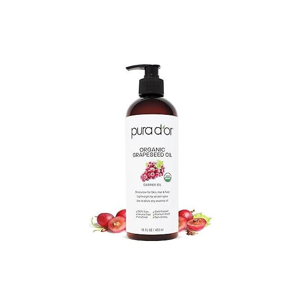 PURA D'OR 16 Oz Organic Grapeseed Oil - 100% Pure & Natural USDA Certified Cold Pressed Carrier Light Silky, Unscented, Hexane Free Liquid Moisturizer Face Skin Hair Men Women