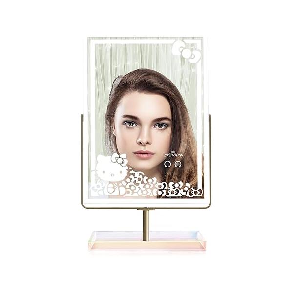 Impressions Vanity Hello Kitty RGB Makeup Mirror with App Controlled Adjustable Rainbow Lighting and Acrylic Catchall Tray, Lighted LED Lights 360 Degree Tilt Swivel