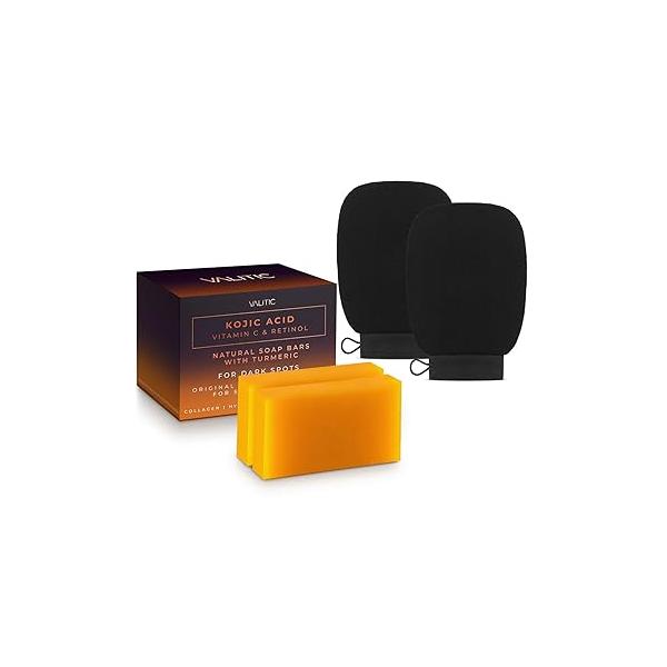 VALITIC 2 Pack Kojic Acid Vitamin C & Retinol Soap Bars for Dark Spot A Pair Of Black Exfoliating Gloves Body Scrubs